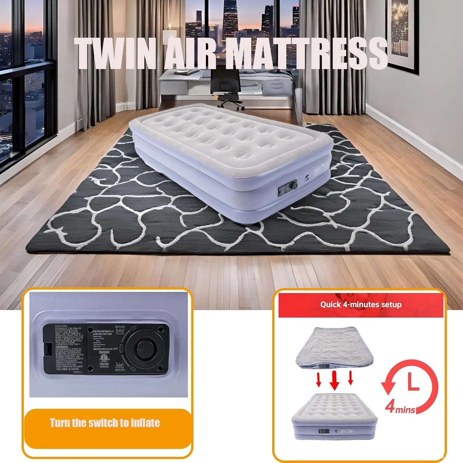Twin Air Mattress Bed with Built in Pump,16 Inches High Airbed Inflatable Mattress,Comfort Thickened Blow Up Air Bed,Travel Sleeping Bed Pad for Guests Home (Twin Size)