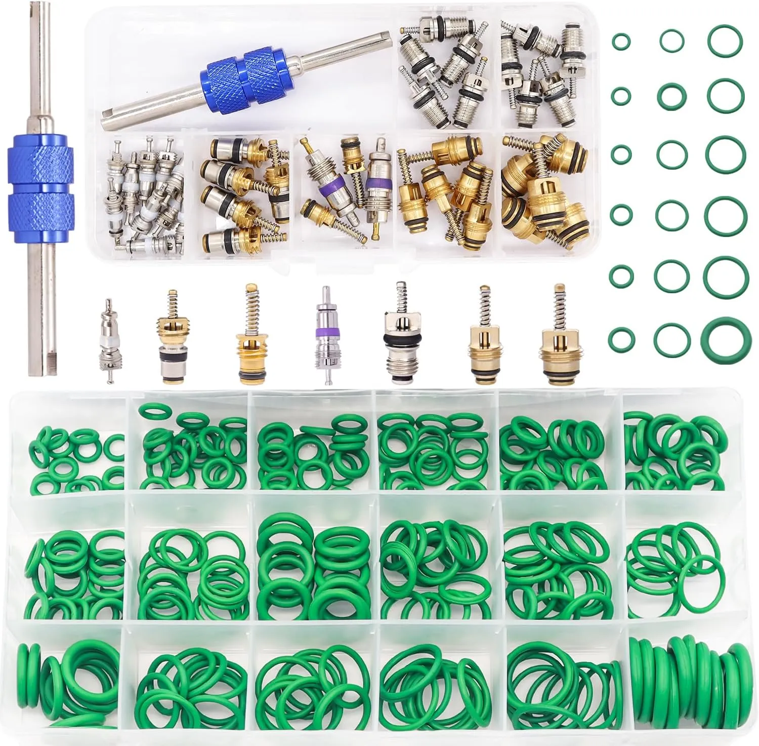 TWTADE Car A/C Repair Kit - 270PCS Rubber O-Ring Kit 18 Sizes   40PCS Car Air Conditioner Valve Core Kit, A/C R12 R134a Refrigeration Tire Valve Stem Cores with Remover Tool