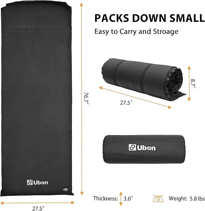 Ubon Sleeping Foam for One Person Fast Self Inflating Camping Pad 3 Inch Extra Thickness Camping Foam Pad Thick Inflatable Moisture-Proof Foam - Black