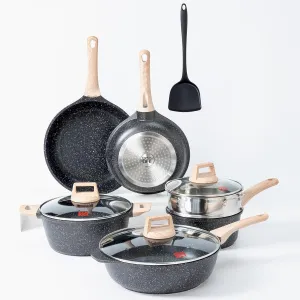 UCC LIFE 10pcs Pots and Pans Set Nonstick, Granite Frying Pans for Induction Suitable, with Wood Print Handles Frying Pans, Healthy Non Stick Cookware set, Dishwasher, PFOS, PFOA Free (Black)