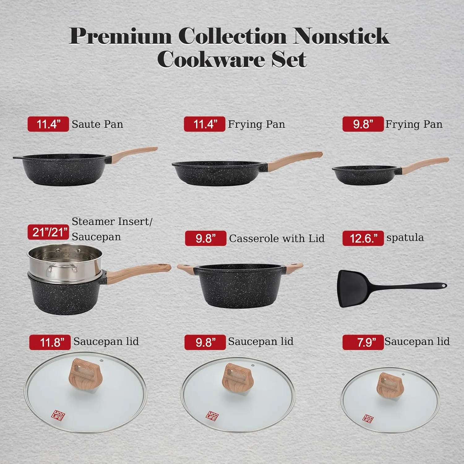 UCC LIFE 10pcs Pots and Pans Set Nonstick, Granite Frying Pans for Induction Suitable, with Wood Print Handles Frying Pans, Healthy Non Stick Cookware set, Dishwasher, PFOS, PFOA Free (Black)
