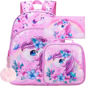 UFNDC 3PCS Backpack for Girls with Lunch Box,16”Kids Sequin Bookbag with Lunch Box, School Bag for Elementary Toddler
