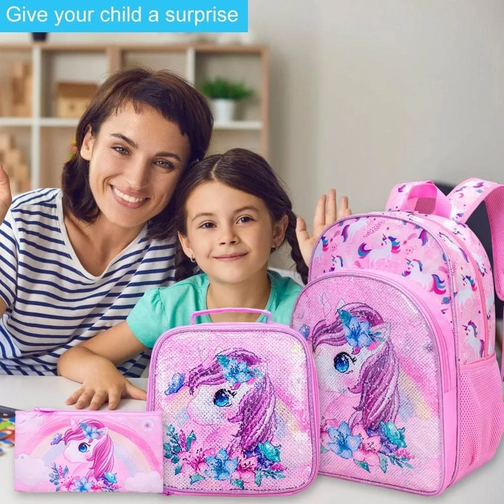 UFNDC 3PCS Backpack for Girls with Lunch Box,16”Kids Sequin Bookbag with Lunch Box, School Bag for Elementary Toddler