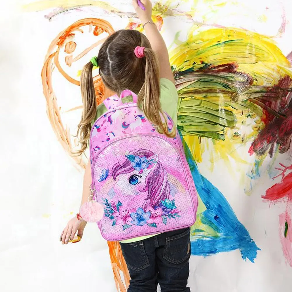 UFNDC 3PCS Backpack for Girls with Lunch Box,16”Kids Sequin Bookbag with Lunch Box, School Bag for Elementary Toddler