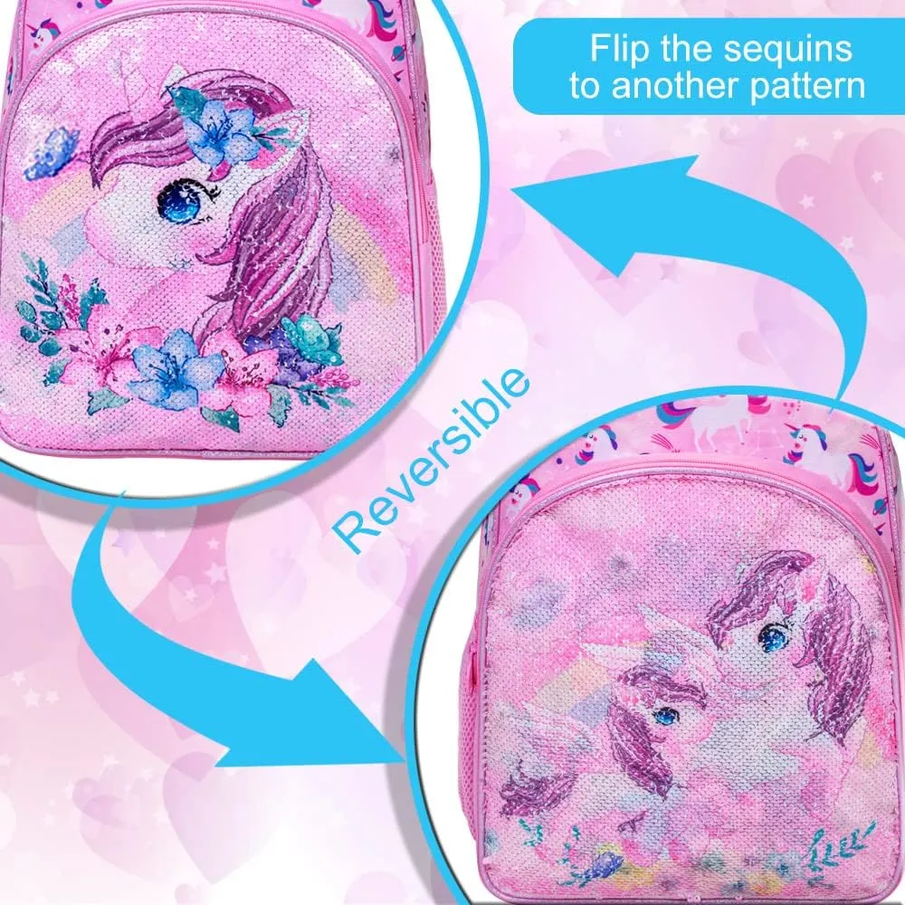 UFNDC 3PCS Backpack for Girls with Lunch Box,16”Kids Sequin Bookbag with Lunch Box, School Bag for Elementary Toddler