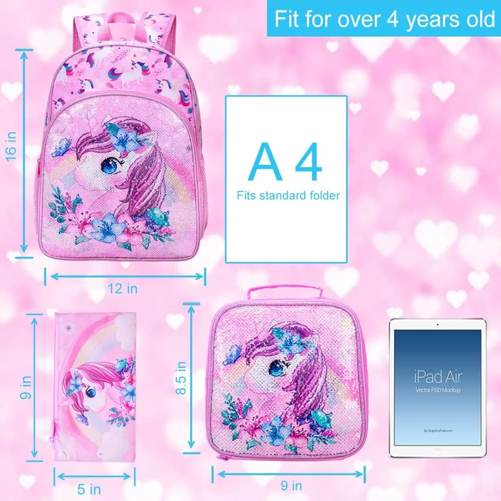UFNDC 3PCS Backpack for Girls with Lunch Box,16”Kids Sequin Bookbag with Lunch Box, School Bag for Elementary Toddler