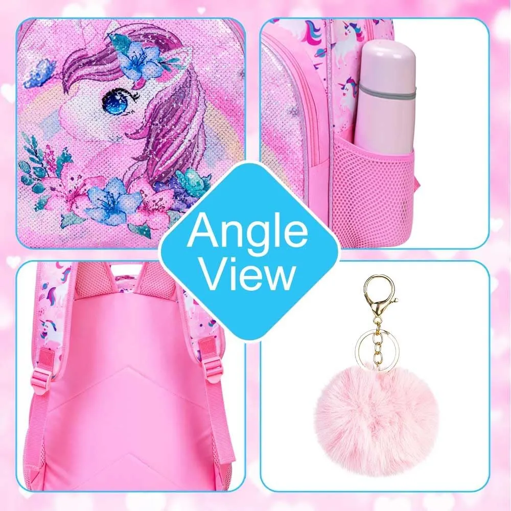 UFNDC 3PCS Backpack for Girls with Lunch Box,16”Kids Sequin Bookbag with Lunch Box, School Bag for Elementary Toddler