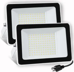 UFOND 10000 Lumens LED Flood Lights,100W Outdoor Waterproof Floodlights, Lighting Angle Adjustable,Portable Light with Plug for Garage,Yard,Garden,Porch(2 Pack)