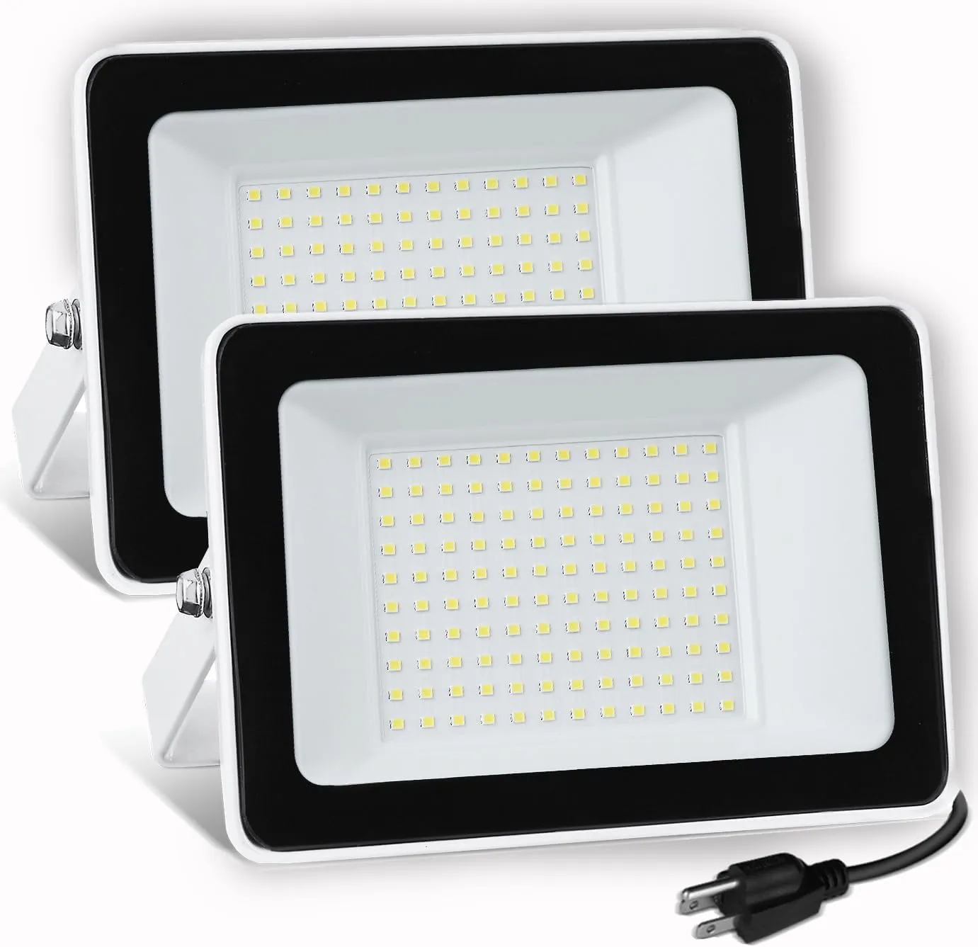 UFOND 10000 Lumens LED Flood Lights,100W Outdoor Waterproof Floodlights, Lighting Angle Adjustable,Portable Light with Plug for Garage,Yard,Garden,Porch(2 Pack)
