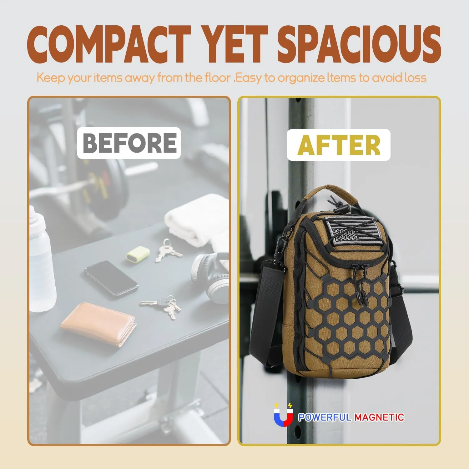 Ultra-Strong Magnetic Gym Bag - Versatile Fitness, Work, Travel & Sports Backpack with Stylish Design, Durable Material & Multi-Size Water Bottle Holder (Khaki)