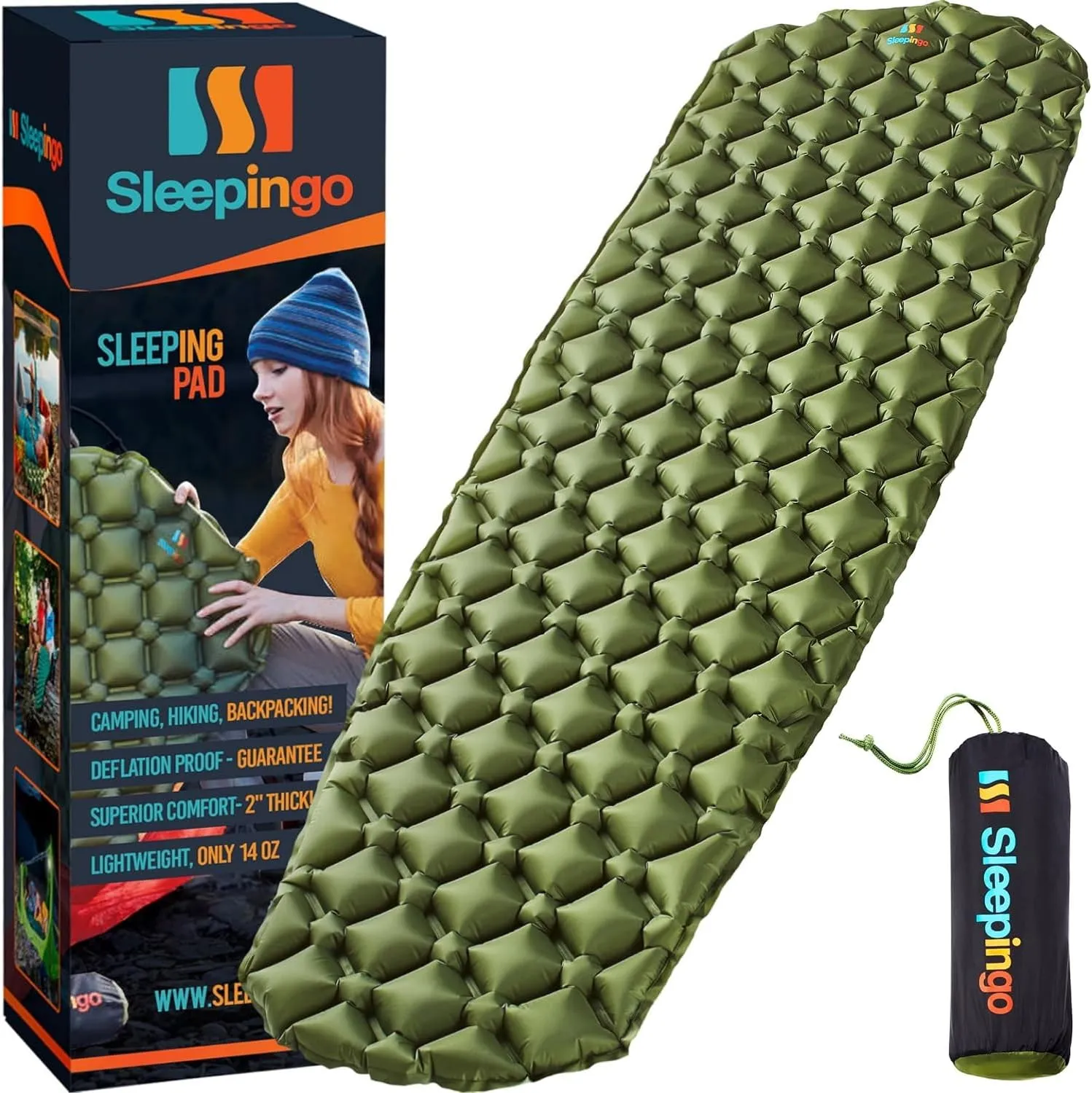 Ultralight Sleeping Pad - Inflatable Sleeping Mat for Camping, Hiking, Backpacking - 74x22 Inches Compact Air Mattress, Waterproof Gear for Travel Outdoors - Green