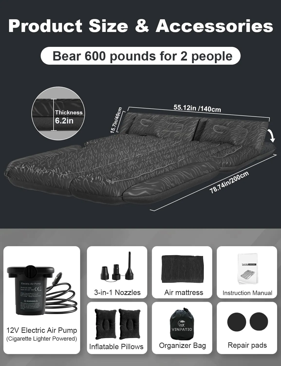 Umbrauto SUV Air Mattress for Car Camping, 6.56ft Length Full Size Airbed for Trunk, Flocked Top & Durable 210T Bottom, Quick Inflation w/Electric Pump Sleeping Bed for Travel