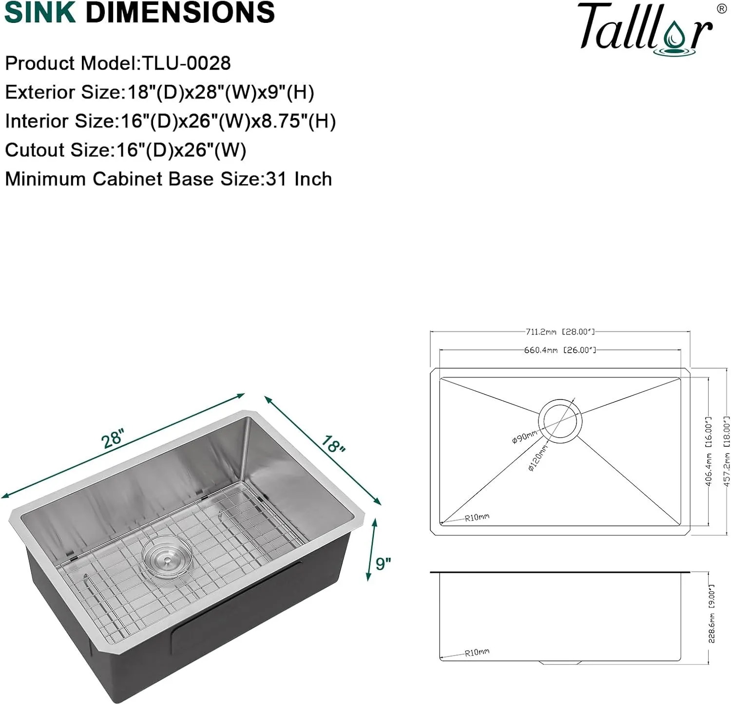 Undermount Kitchen Sink - 28 Inch Undermount 16 Gauge Stainless Steel Kitchen Sink Handmade Under Counter Single Bowl Sinks, 28"x18"x9" #TLU-0028
