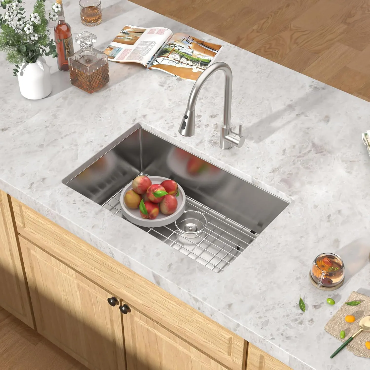 Undermount Kitchen Sink - 28 Inch Undermount 16 Gauge Stainless Steel Kitchen Sink Handmade Under Counter Single Bowl Sinks, 28"x18"x9" #TLU-0028