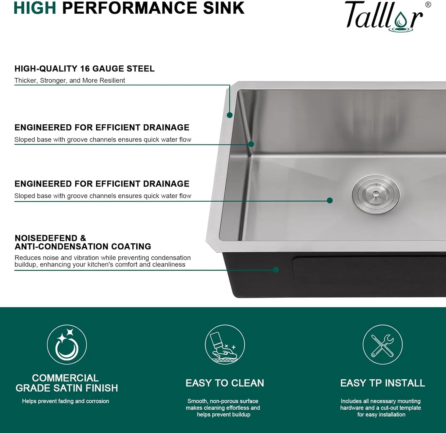 Undermount Kitchen Sink - 28 Inch Undermount 16 Gauge Stainless Steel Kitchen Sink Handmade Under Counter Single Bowl Sinks, 28"x18"x9" #TLU-0028