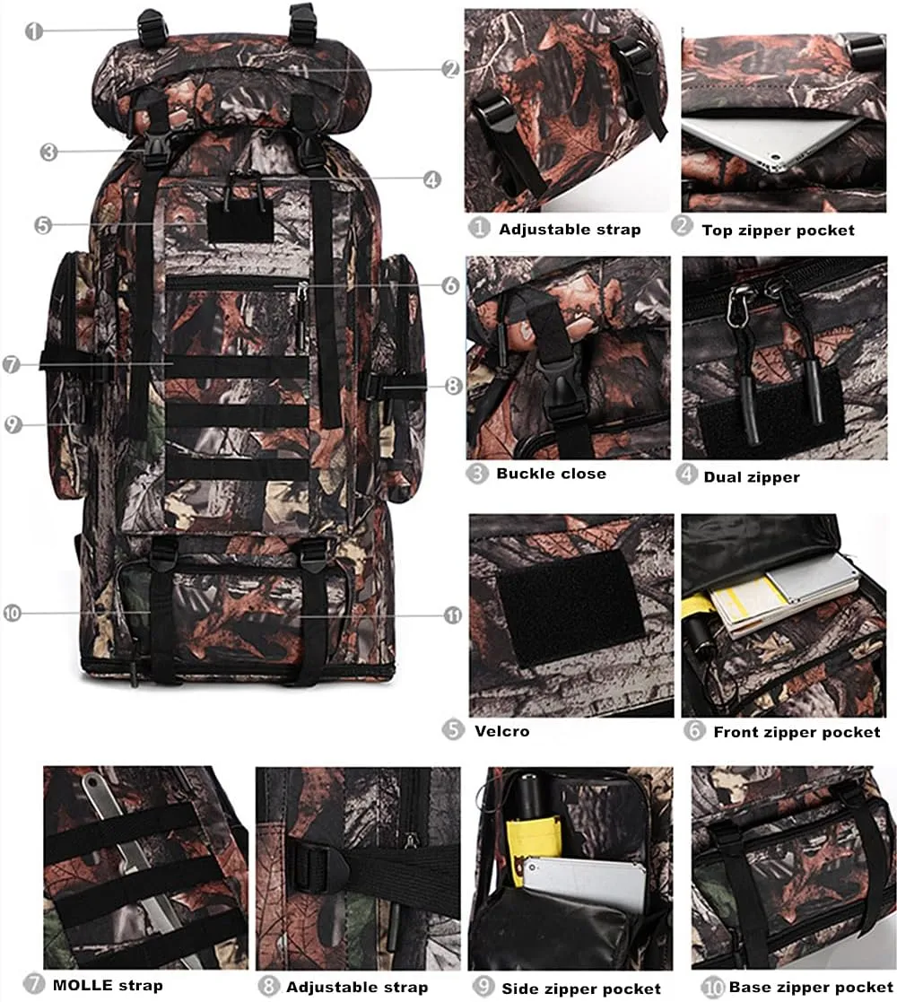 UNISTRENGH 100L Internal Frame Backpack MOLLE Rucksack Lightweight Hiking Camping Waterproof Trekking Bag for Backpacking (Leaf camouflage)