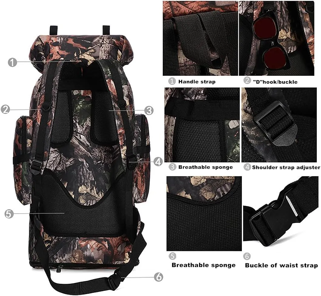 UNISTRENGH 100L Internal Frame Backpack MOLLE Rucksack Lightweight Hiking Camping Waterproof Trekking Bag for Backpacking (Leaf camouflage)