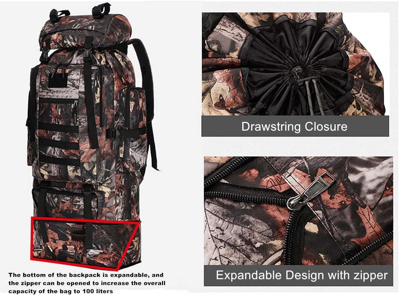 UNISTRENGH 100L Internal Frame Backpack MOLLE Rucksack Lightweight Hiking Camping Waterproof Trekking Bag for Backpacking (Leaf camouflage)