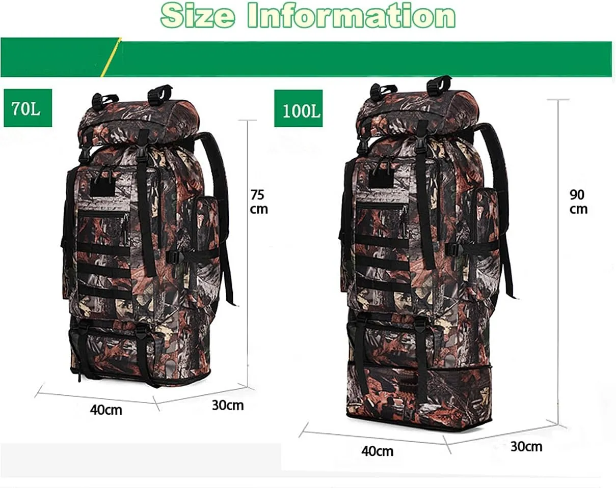 UNISTRENGH 100L Internal Frame Backpack MOLLE Rucksack Lightweight Hiking Camping Waterproof Trekking Bag for Backpacking (Leaf camouflage)