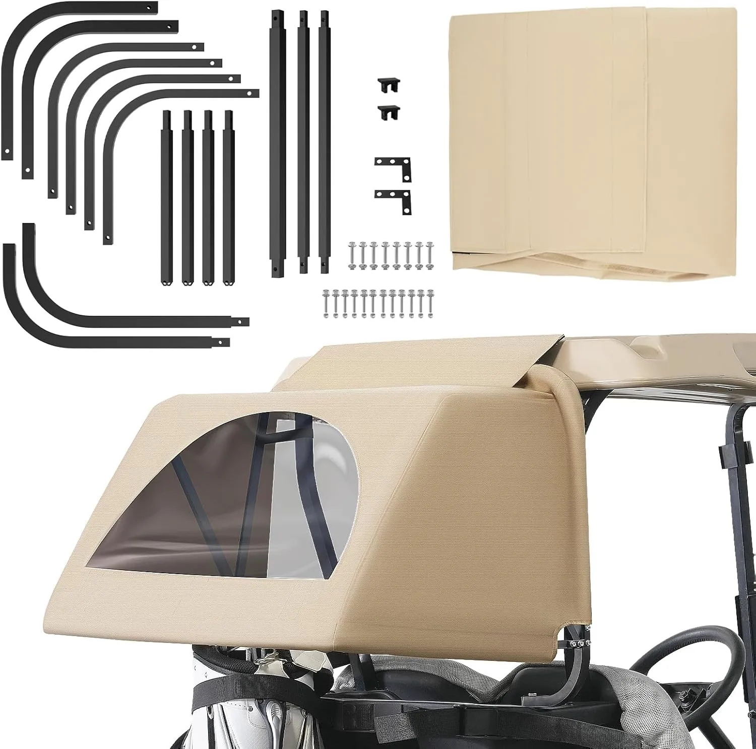 Universal Golf Cart Rear Bag Rain Cover Kit, Split Stand Golf Cart Rain Cover Set Fits for Club Car, EZGO, Yamaha-Beige