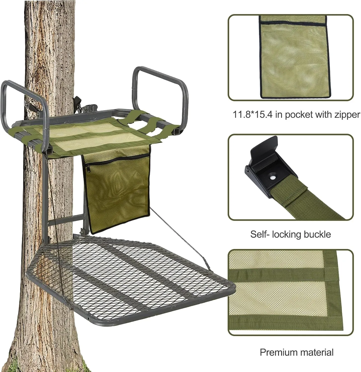 Universal Tree Stand Seat Replacement with Pocket, 16 X 12Inch Lightweight Replacement Treestand Seat with Adjustable Strap Hunting Accessories Fits All Ladder Stand, Works On Climbing Treestands
