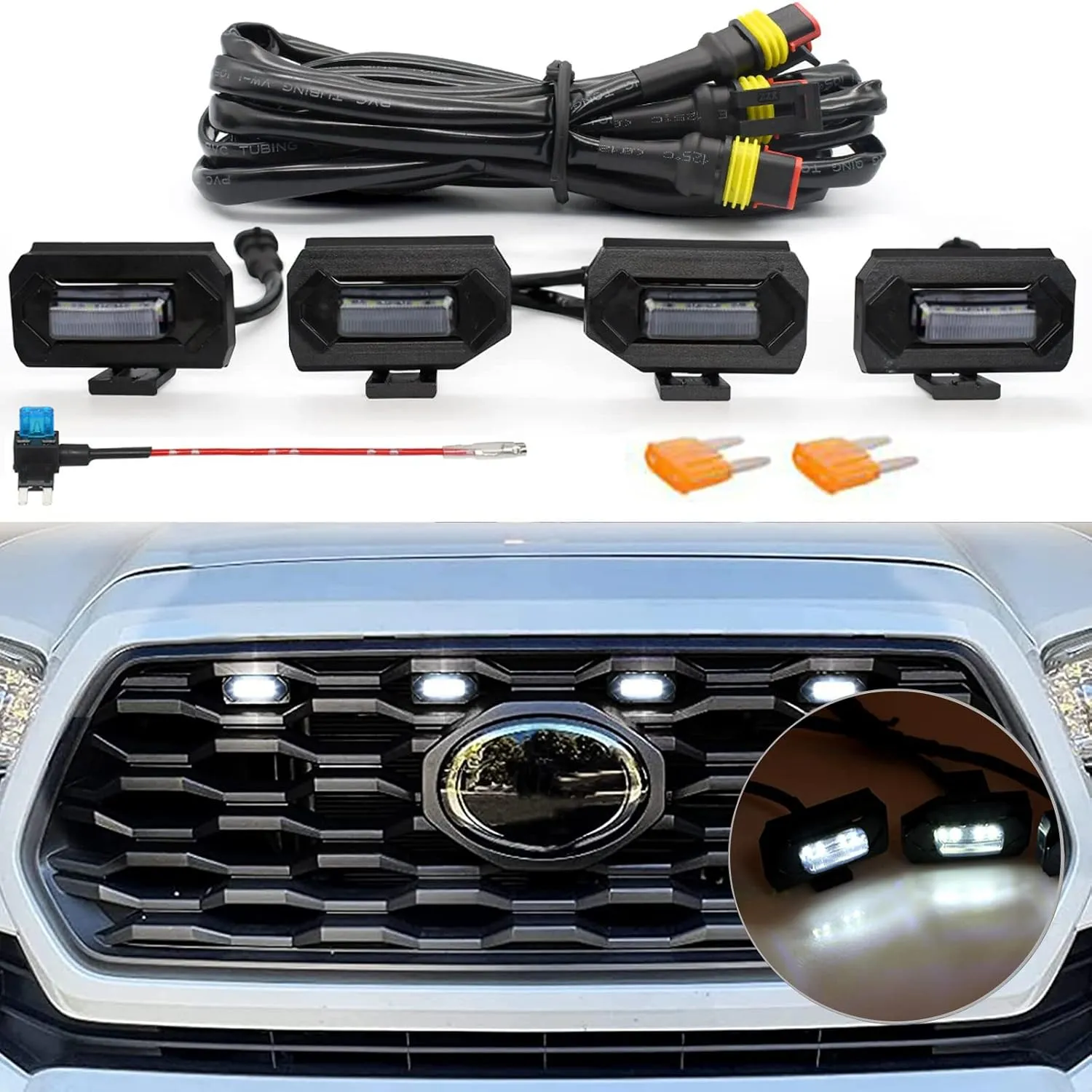 Upgraded Grill LED Lights 4PCS for Toyota Tacoma 2020 2021 2022 2023 TRD Off Road and TRD Sport OEM Grill, Aftermarket Replacement Warning LED Lights with Fuse (White Light/Smoked Lens)