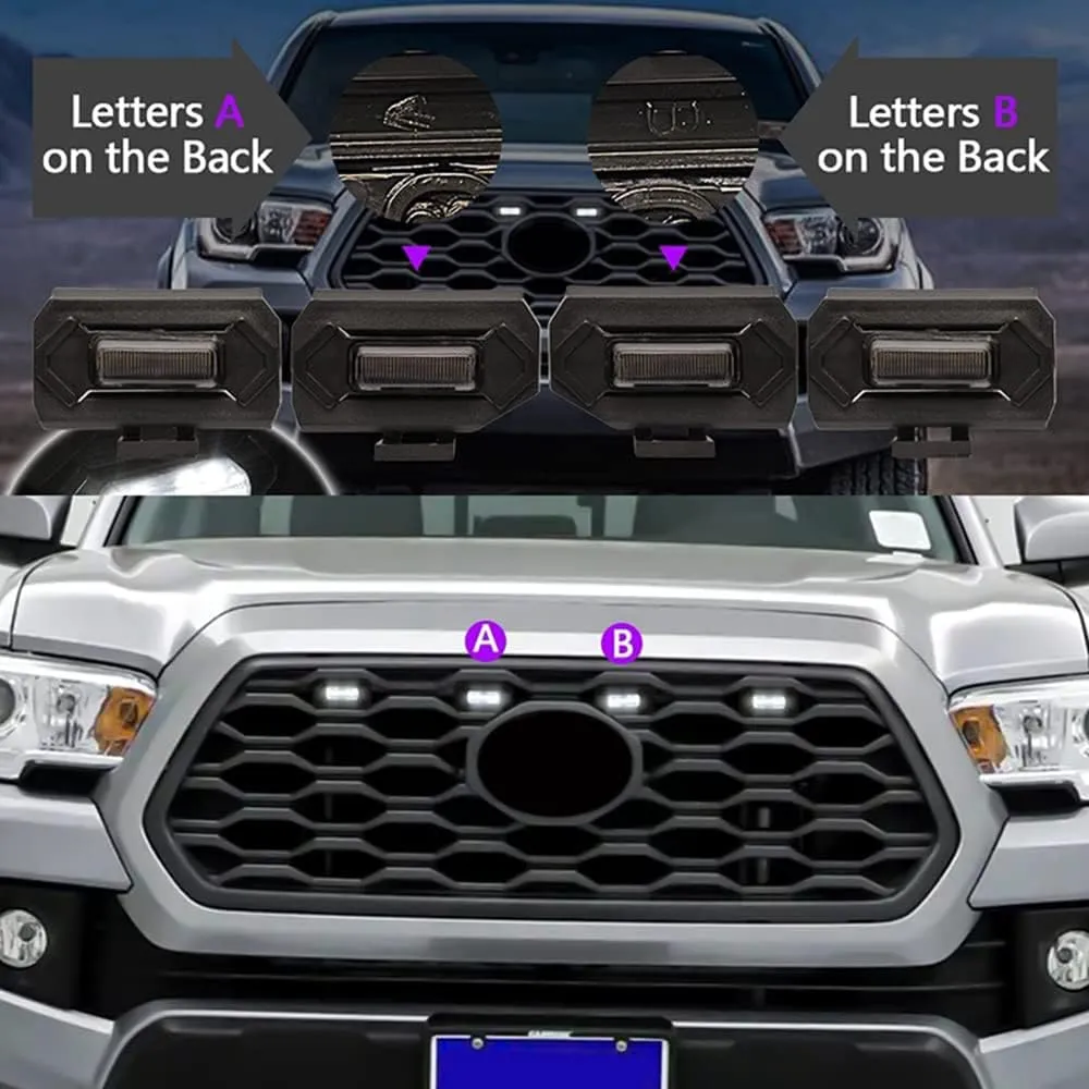 Upgraded Grill LED Lights 4PCS for Toyota Tacoma 2020 2021 2022 2023 TRD Off Road and TRD Sport OEM Grill, Aftermarket Replacement Warning LED Lights with Fuse (White Light/Smoked Lens)