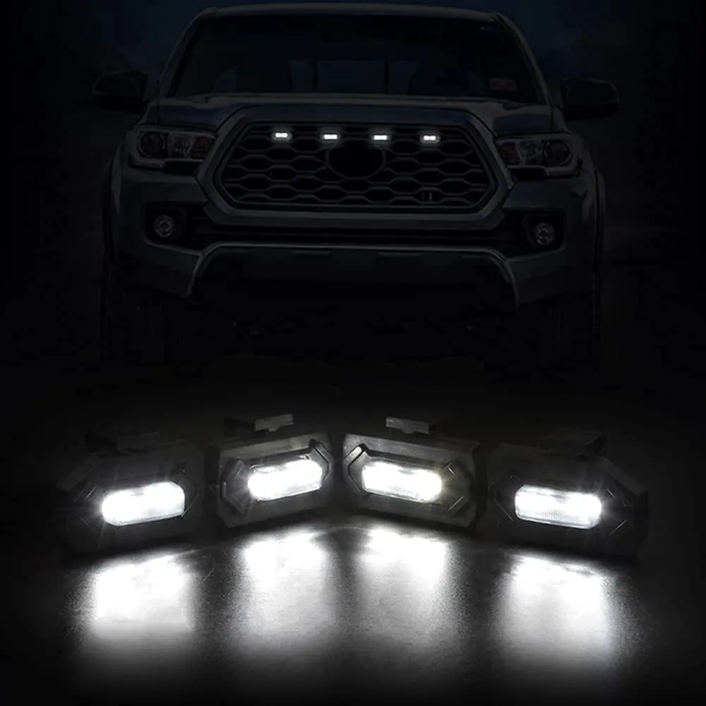 Upgraded Grill LED Lights 4PCS for Toyota Tacoma 2020 2021 2022 2023 TRD Off Road and TRD Sport OEM Grill, Aftermarket Replacement Warning LED Lights with Fuse (White Light/Smoked Lens)