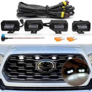 Upgraded Grill LED Lights 4PCS for Toyota Tacoma 2020 2021 2022 2023 TRD Off Road and TRD Sport OEM Grill, Aftermarket Replacement Warning LED Lights with Fuse (White Light/Smoked Lens)