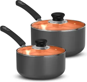 Utopia Kitchen Nonstick Stock Pot Saucepan Set with Lids, 1 Quart and 2 Quarts Multipurpose Stock Pots Set for Home, Kitchen or Restaurant, Copper & Grey