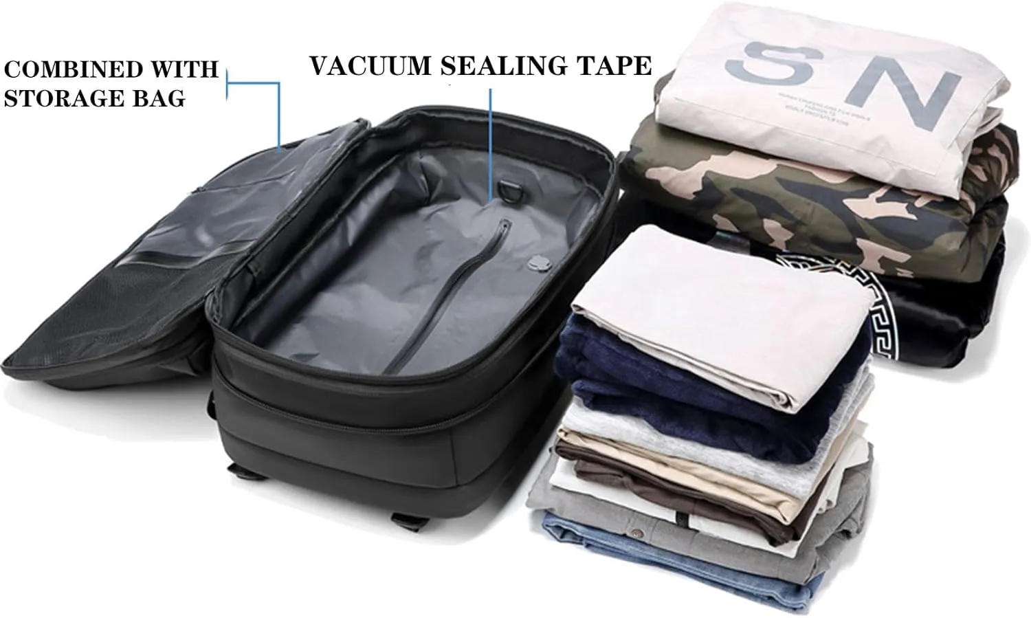 Vacbag Backpack, 60L Expandable Backpack with Vacuum Compression, Waterproof Vacuum Backpack for Travel, Water Resistant (Black  Vacuum Pump)