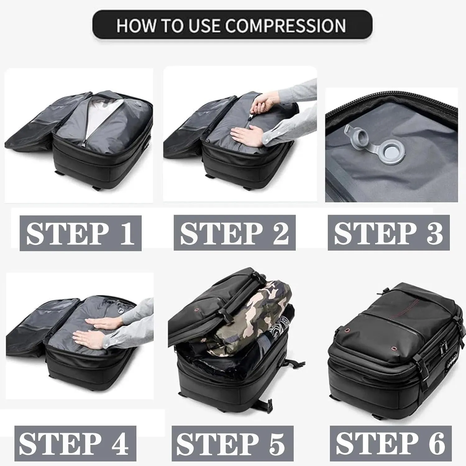 Vacbag Backpack, 60L Expandable Backpack with Vacuum Compression, Waterproof Vacuum Backpack for Travel, Water Resistant (Black  Vacuum Pump)