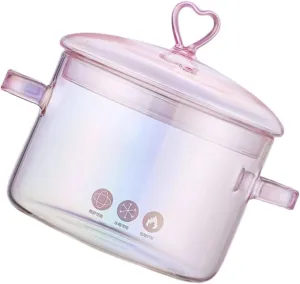 Vaguelly Glass Pot, Clear Glass Cooking Pot Saucepan with Lid, 1500mL Simmer Pot Stew Pot Microwave Stove and Dishwasher Safe Double-Handle Cookware for Milk Pasta Noodles Soup, Pink