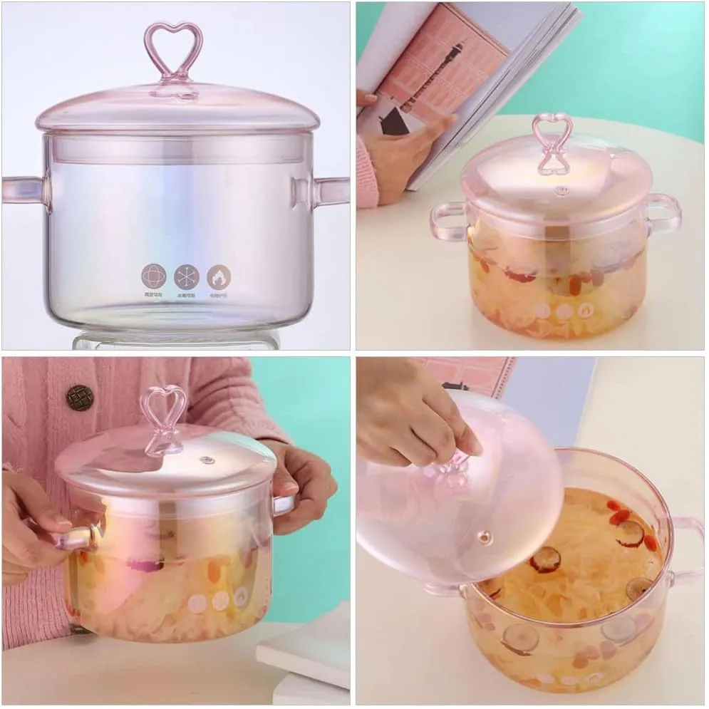 Vaguelly Glass Pot, Clear Glass Cooking Pot Saucepan with Lid, 1500mL Simmer Pot Stew Pot Microwave Stove and Dishwasher Safe Double-Handle Cookware for Milk Pasta Noodles Soup, Pink