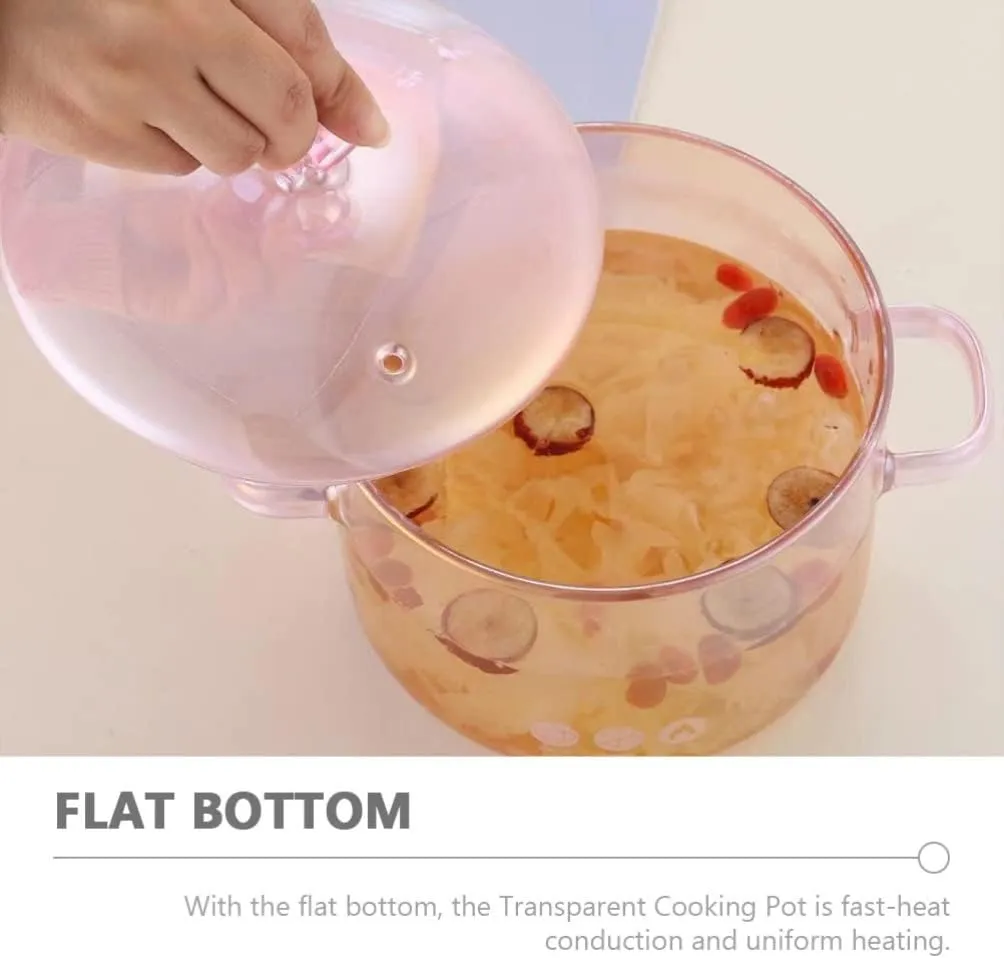 Vaguelly Glass Pot, Clear Glass Cooking Pot Saucepan with Lid, 1500mL Simmer Pot Stew Pot Microwave Stove and Dishwasher Safe Double-Handle Cookware for Milk Pasta Noodles Soup, Pink
