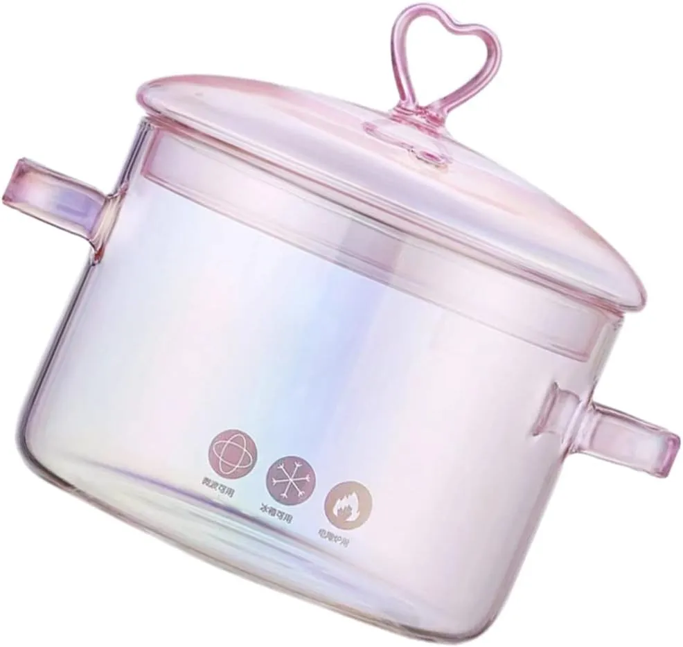 Vaguelly Glass Pot, Clear Glass Cooking Pot Saucepan with Lid, 1500mL Simmer Pot Stew Pot Microwave Stove and Dishwasher Safe Double-Handle Cookware for Milk Pasta Noodles Soup, Pink