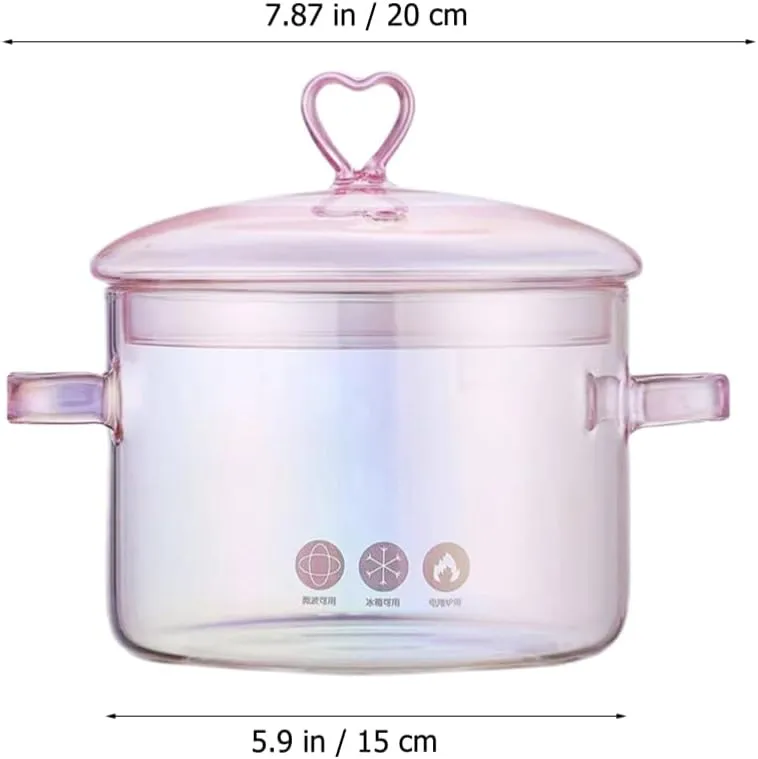 Vaguelly Glass Pot, Clear Glass Cooking Pot Saucepan with Lid, 1500mL Simmer Pot Stew Pot Microwave Stove and Dishwasher Safe Double-Handle Cookware for Milk Pasta Noodles Soup, Pink