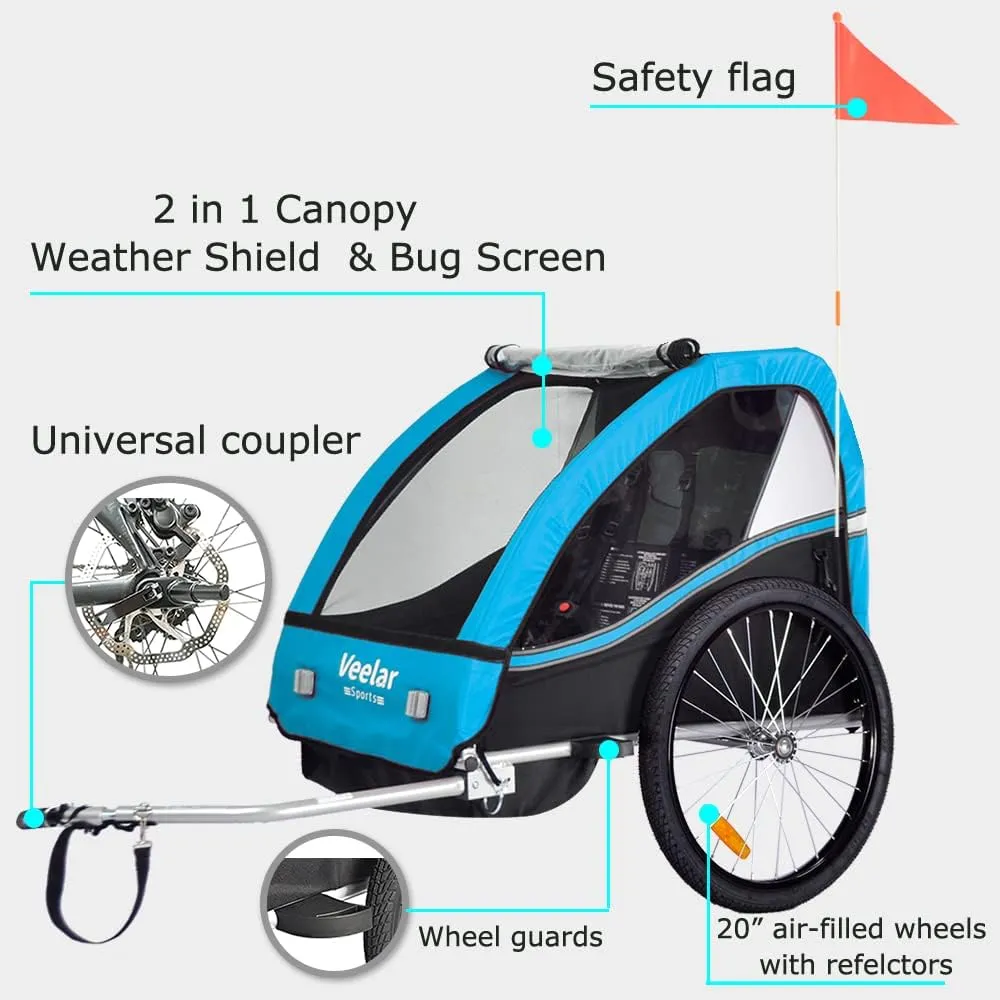 Veelar Sports Bike Trailer Double Seat for 1 or 2 Toddlers, Kids, Child Bicycle Carrier