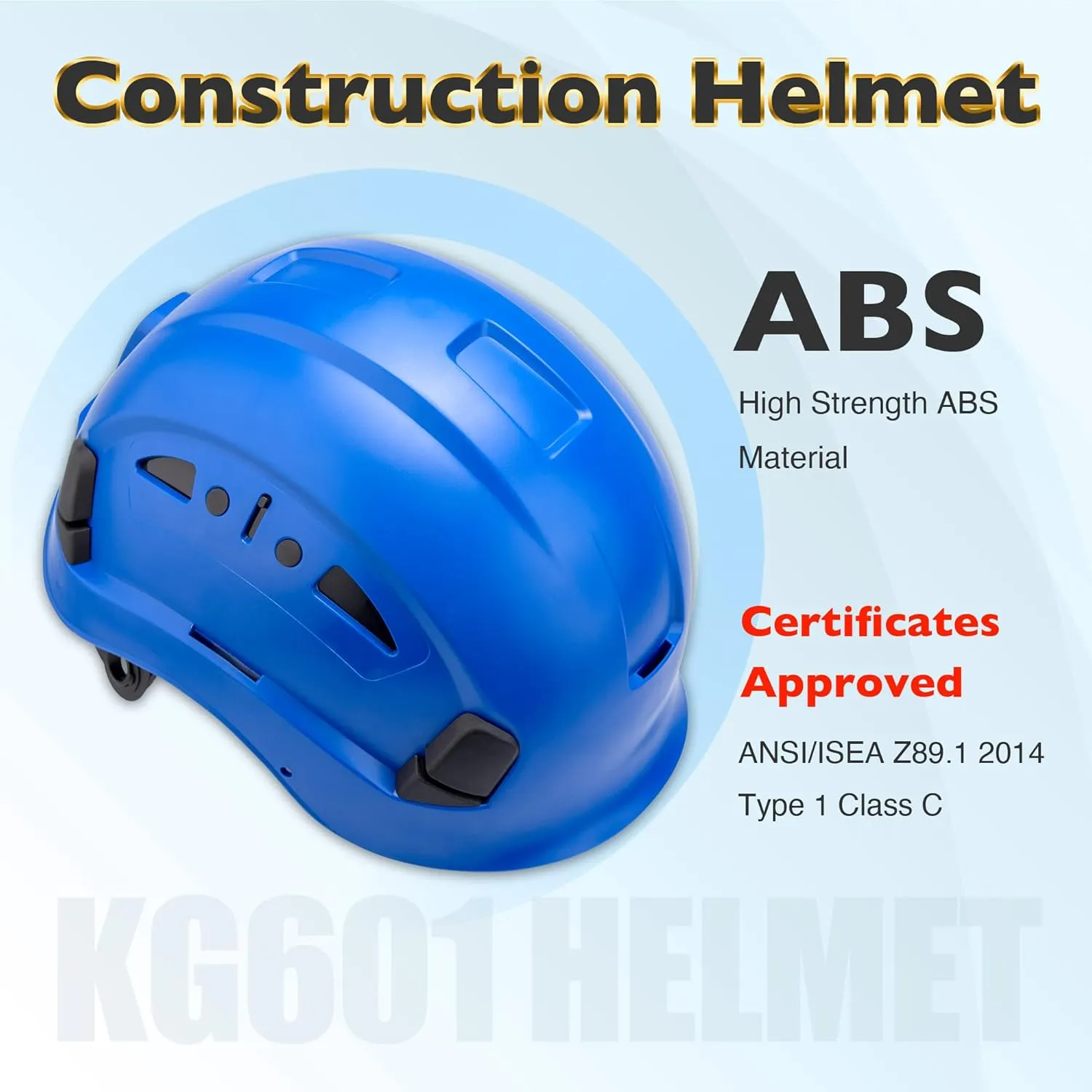 Vented Hard Safety Helmet, ABS Work Helmet with Adjustable 6-Point Suspension, ANSI Z89.1 Certified for Construction, Climbing, and Industrial Use