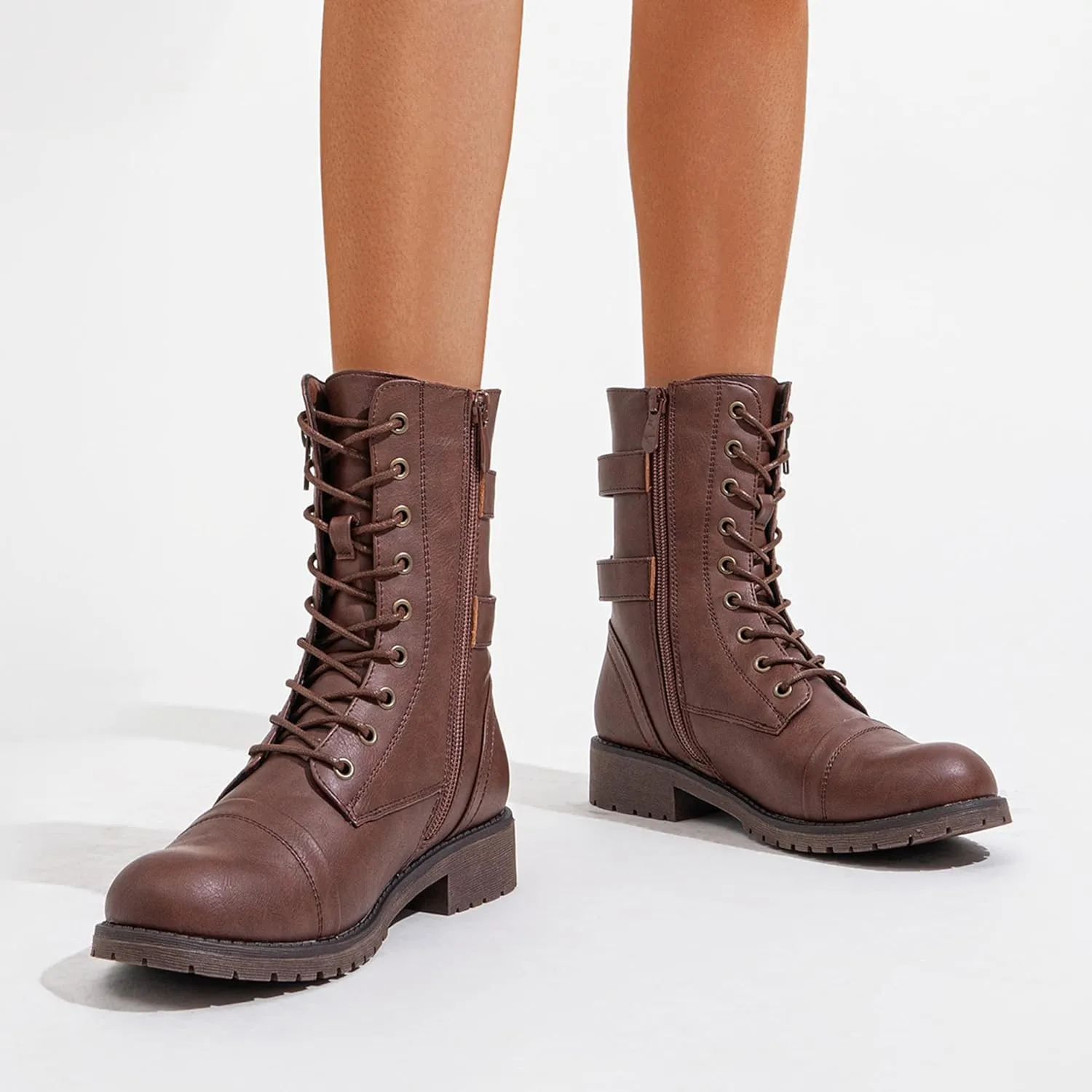 Vepose Women's 928 Combat Boots Low Heel, Mid Calf Military Boots with Card Knife Wallet Pocket