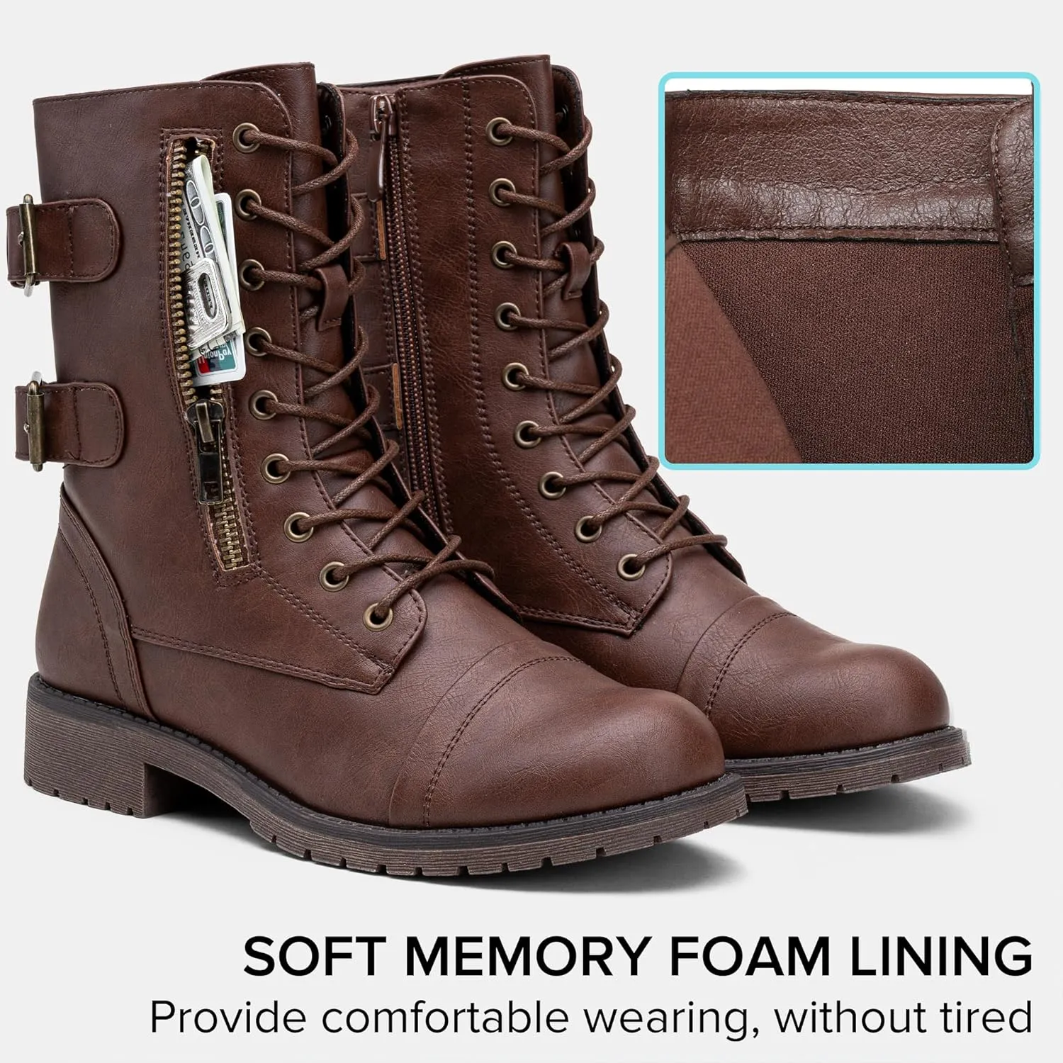 Vepose Women's 928 Combat Boots Low Heel, Mid Calf Military Boots with Card Knife Wallet Pocket
