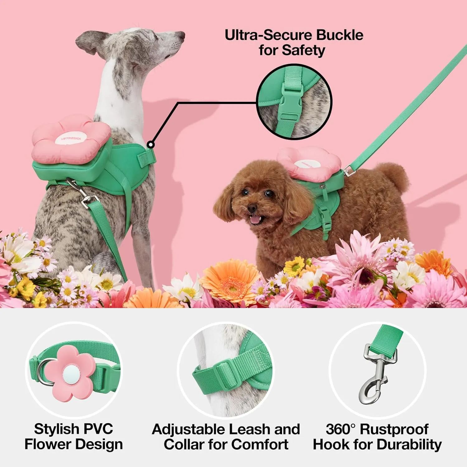 VETRESKA Flora Dog Harness, Leash and Collar Set, No Pull Dog Vest Harness for Walking and Training, Adjustable, Easy Control and Soft Padded Pet Harness and Backpack for Small Medium Large Dogs, L