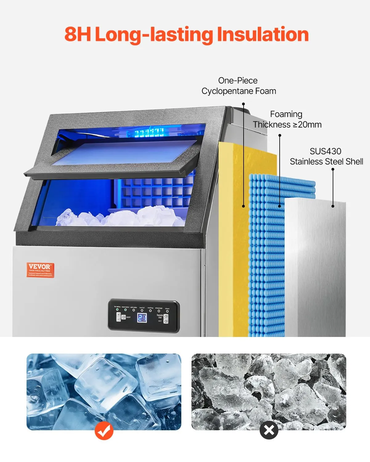 VEVOR 120lbs/24H Commercial Ice Maker Machine with 2 Water Inlets, 36 Ice Cubes in 15 Minutes, with 28lbs Large Storage Capacity for Bar Office Restaurant, with LED Digital Display & Self-Cleaning