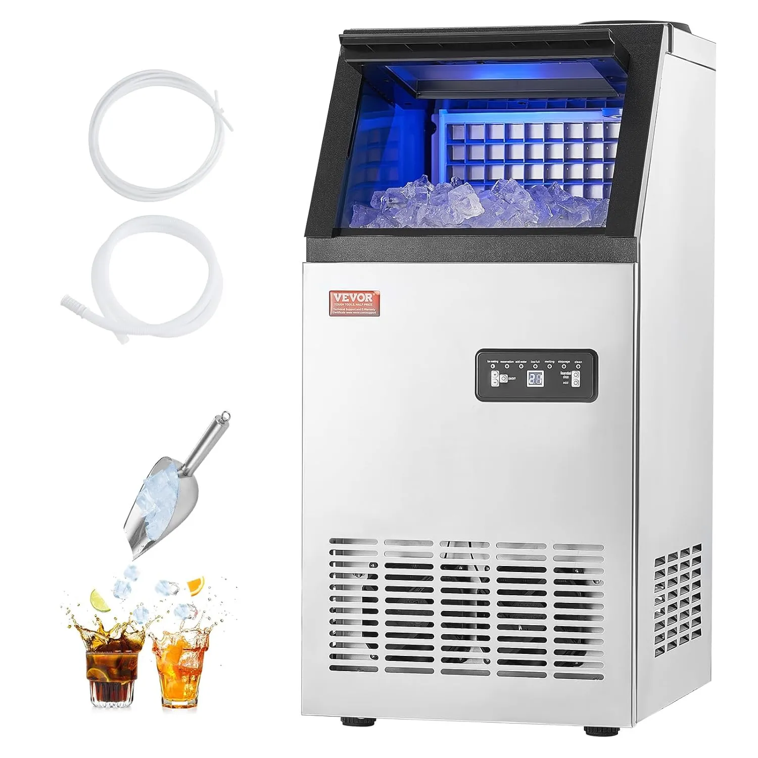 VEVOR 120lbs/24H Commercial Ice Maker Machine with 2 Water Inlets, 36 Ice Cubes in 15 Minutes, with 28lbs Large Storage Capacity for Bar Office Restaurant, with LED Digital Display & Self-Cleaning
