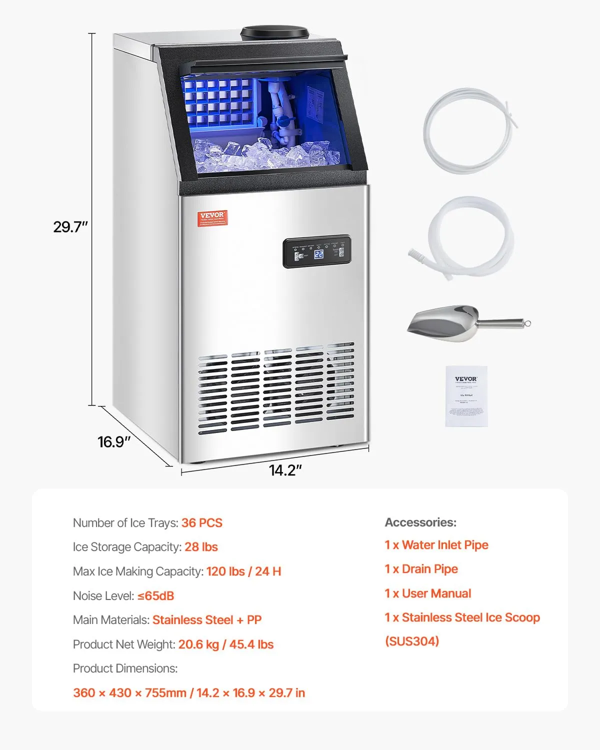 VEVOR 120lbs/24H Commercial Ice Maker Machine with 2 Water Inlets, 36 Ice Cubes in 15 Minutes, with 28lbs Large Storage Capacity for Bar Office Restaurant, with LED Digital Display & Self-Cleaning