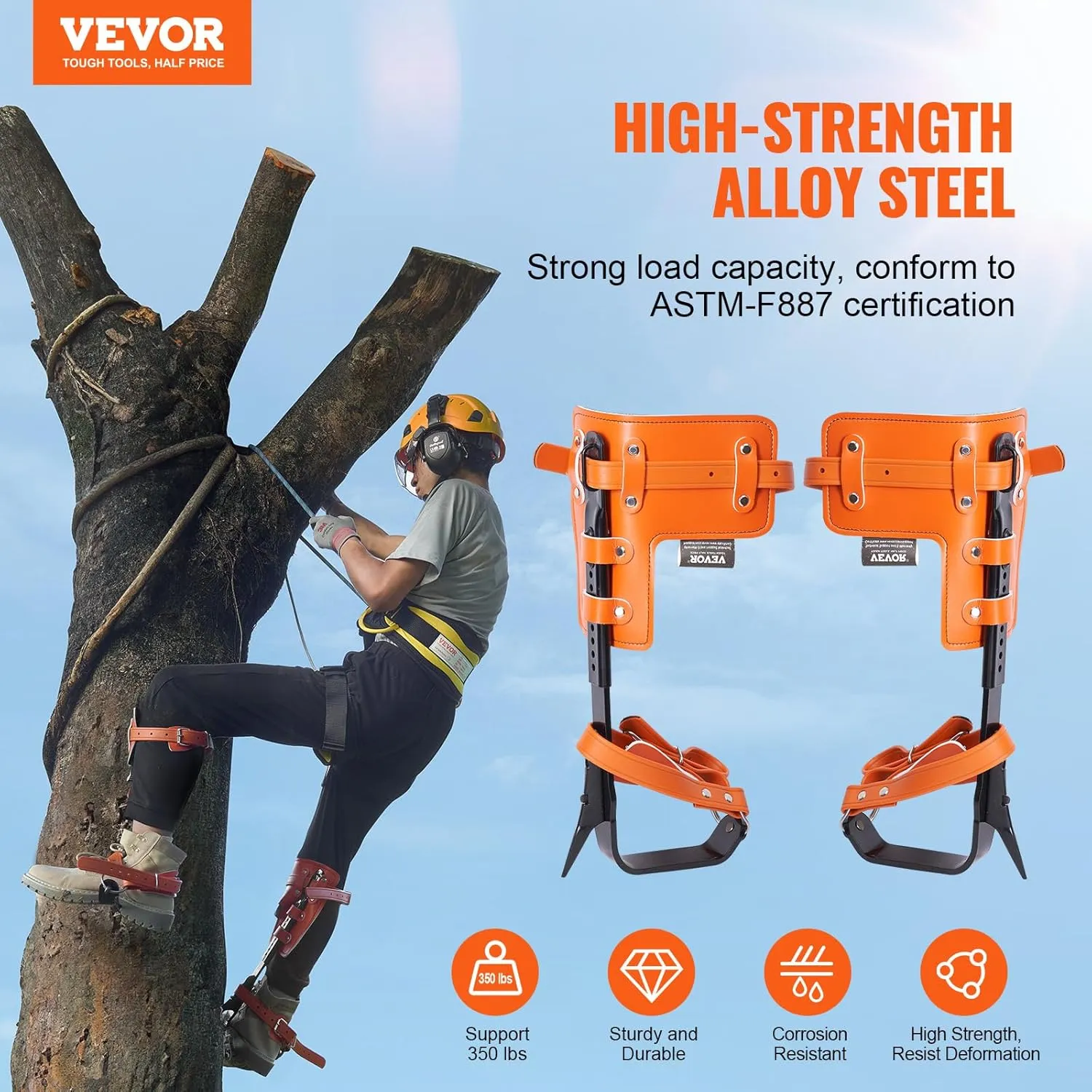 VEVOR Tree Climbing Spikes, 1 Pair Alloy Steel Climbing Spurs, 350lbs Load Capacity Tree Climbing Gear with Straps and Spike Protectors, for Climbers, Hunting, Fruit Picking