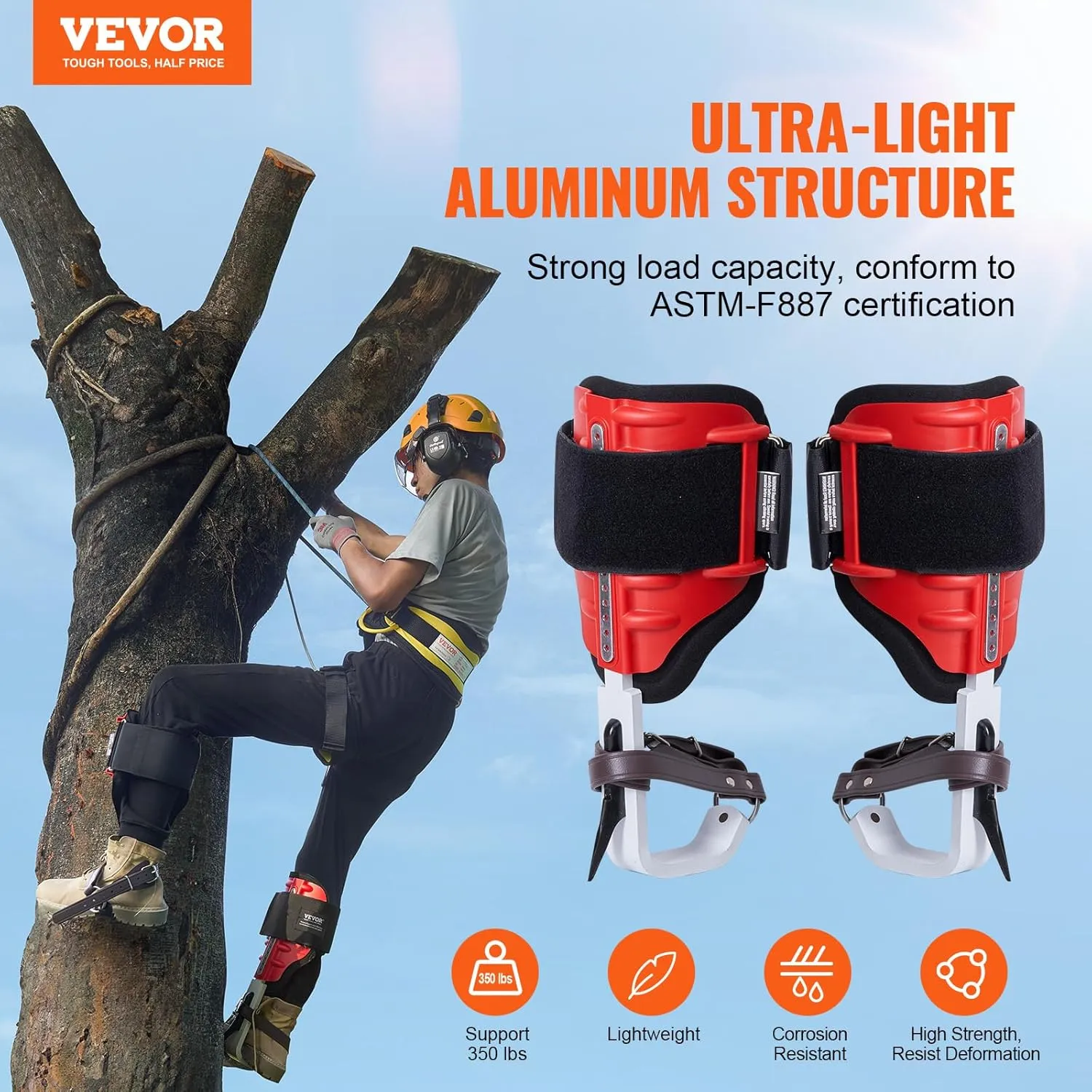 VEVOR Tree Climbing Spikes, 1 Pair Climbing Spurs, 350lbs Load Capacity Tree Climbing Gear with Straps and Spike Protectors, Arborist Equipment for Climbers, Hunting, Fruit Picking