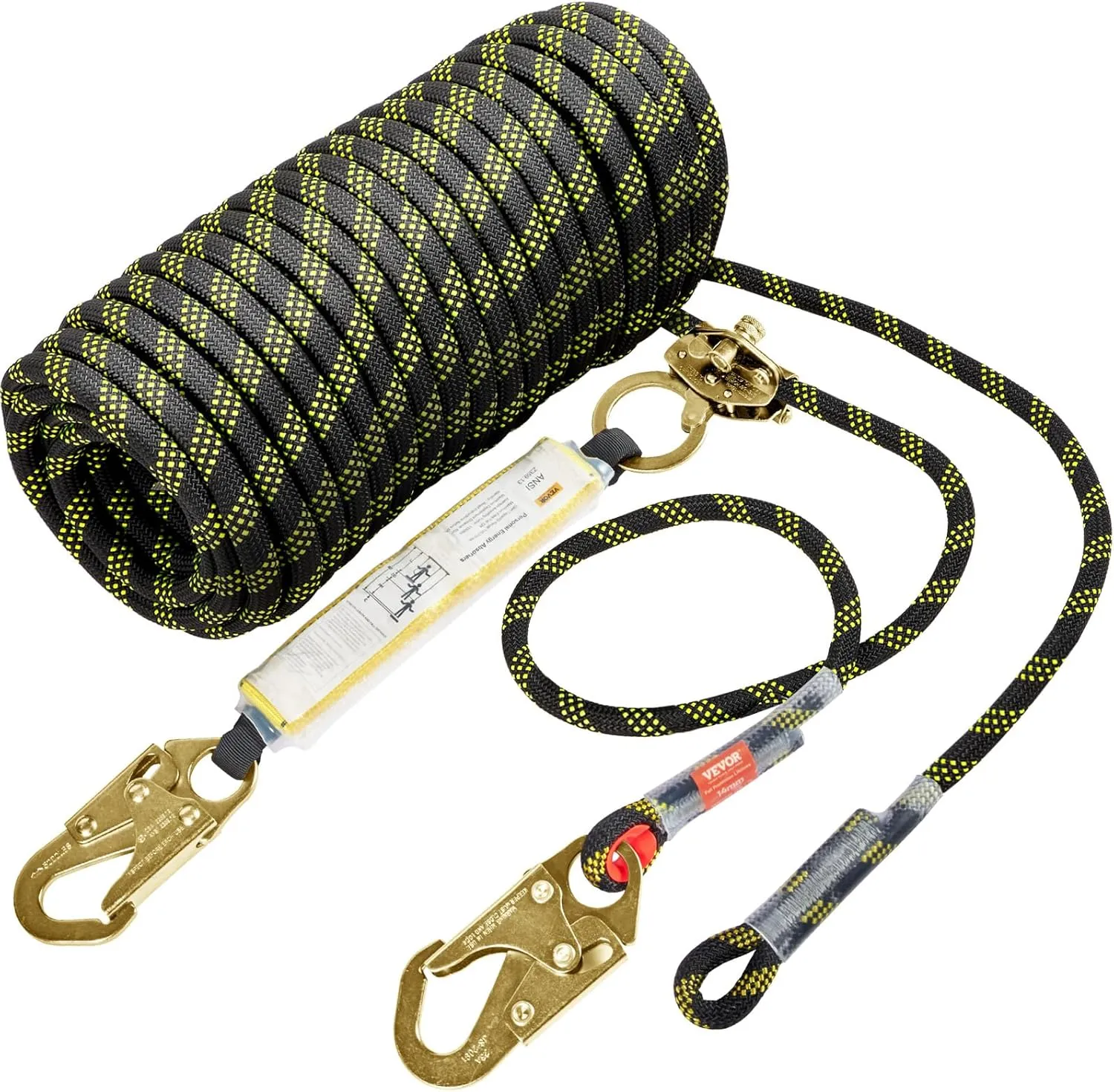 VEVOR Vertical Lifeline Assembly, 0.55'' x 50' Fall Protection Rope with 30 KN Breaking Tension, Polyester Roofing Rope with Steel Snap Hooks, Rope Grab, and Shock Absorber, ANSI Compliant