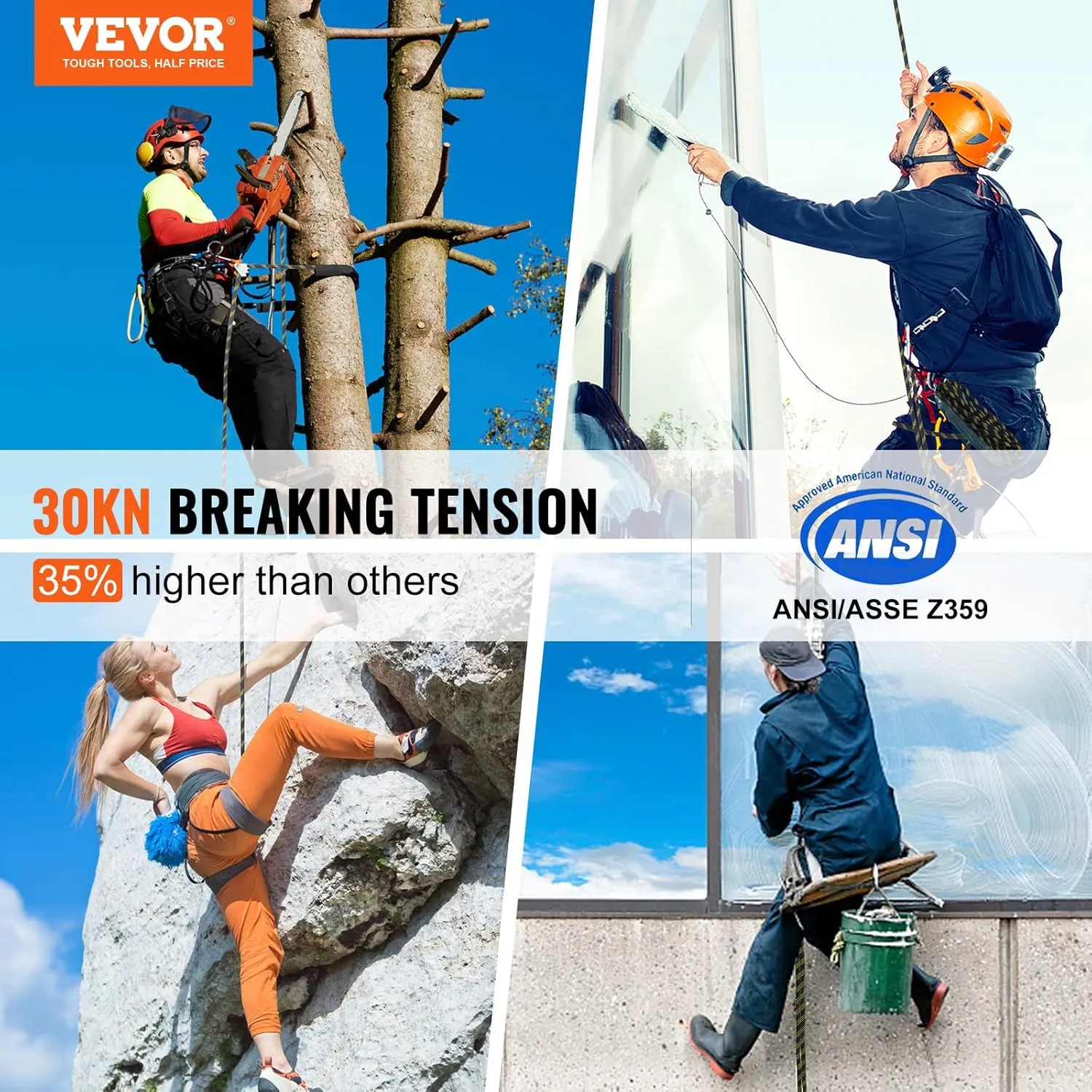 VEVOR Vertical Lifeline Assembly, 0.55'' x 50' Fall Protection Rope with 30 KN Breaking Tension, Polyester Roofing Rope with Steel Snap Hooks, Rope Grab, and Shock Absorber, ANSI Compliant