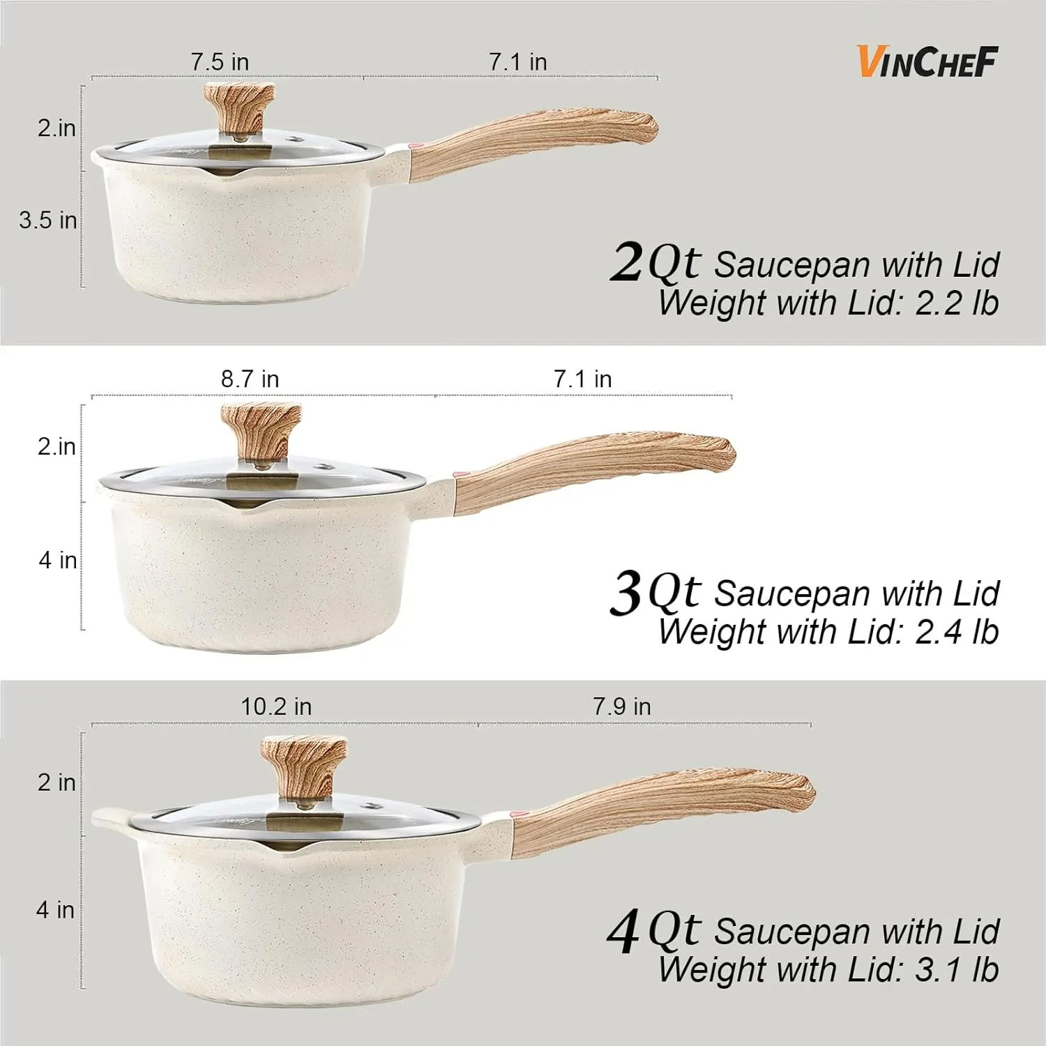 VINCHEF Sauce Pan Set with Lid 10PCS, 3 White Non Stick Cooking Pots Induction pot sets, Saucepan Set with Silicone Tools and Pot Protectors, PFAS and PFOA Free (2QT 3QT 4QT)